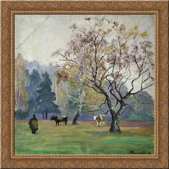 Mist. Landscape with Cows. 20x20 Gold Ornate Wood Framed Canvas Art by Pyotr Konchalovsky