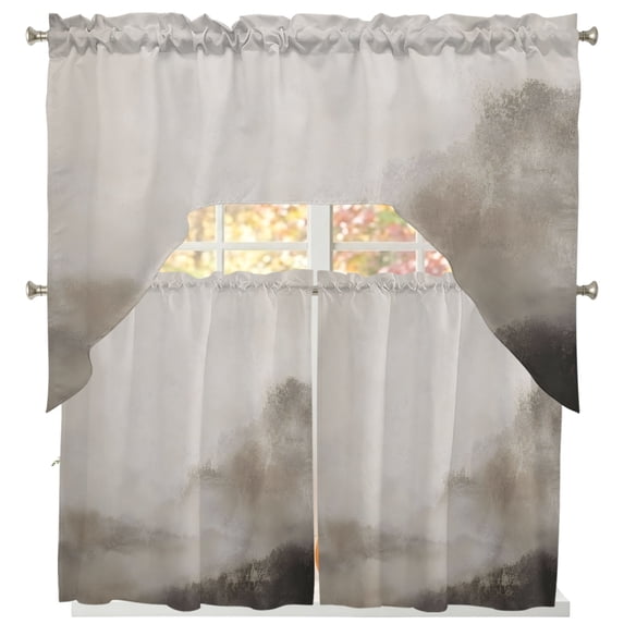 Mist Mountain Swag Kitchen Curtains Sets for Windows 24 Inch Length, Grey Vintage Farmhouse Natural Scenery Short Window Curtain Panels Swags Valances and Tiers 3 Piece Set for Cafe/Dining Room