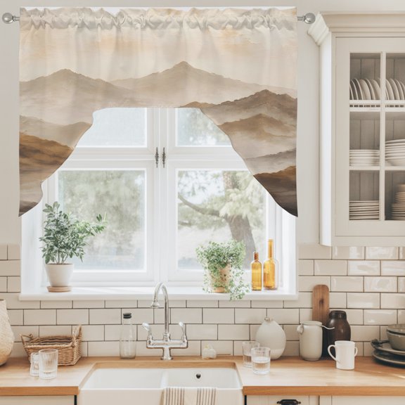 Mist Mountain Swag Valance for Windows, Brown Zen Mountains Scenic Minimalist Ink Wash Texture Swag Curtains Valances for Small Window Treatment Rod Pocket for Kitchen Bathroom 1 Panel 56x36in