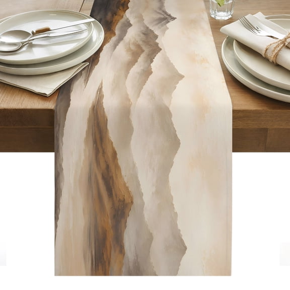Mist Mountain Table Runner, Brown Zen Mountains Scenic Minimalist Ink Wash Texture Washable Kitchen Table Runners for Dining Table Decorations Party/Restaurant/Indoor Outdoor Use, 13x36in