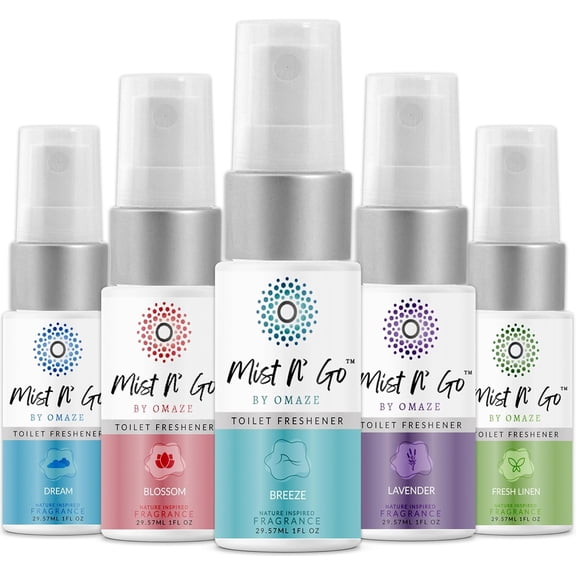 Mist N Go by Omaze Travel Bathroom Spray for Toilet Spray Odor Eliminator - Travel Toilet Spray for Bathroom Air Freshener Spray for Bathroom Deodorizer - Mix All, Travel Size (1oz x5)