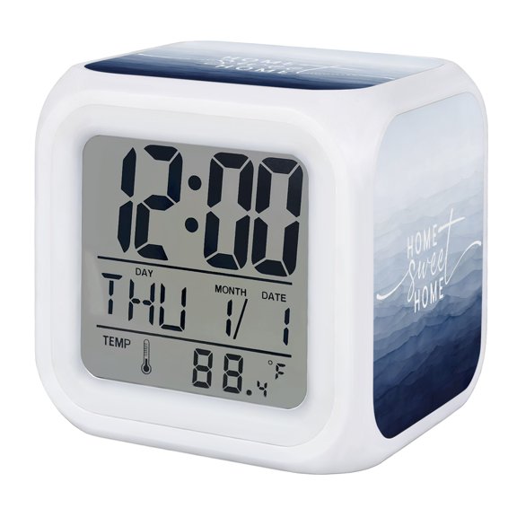 Mist Ocean Digital Alarm Clock for Bedrooms,Smart LED Alarm Clock with 7 Color Changing Night Light,Coastal Indigo Gray Ombre Sea Waves Minimalist Silent Wake Up Clocks for Sleep Study 3.2"x3.2"