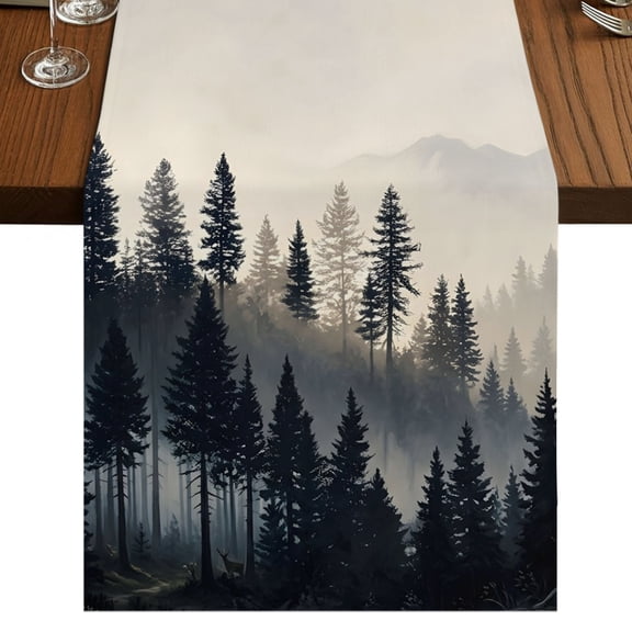Mist Pine Forest Burlap Cotton Table Runner 13x36 Inches Short, Rustic Nature Mountains Trees Scenery Farmhouse Table Runners, Outdoor Dining Tablecloths Decor for Baby Shower/Party/Wedding