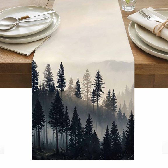 Mist Pine Forest Table Runner Rustic Nature Mountains Trees Scenery Tablerunners 13 x 70 Inch, Table Decorations Tabletop Scarf for Summer Gathering Holiday Farmhouse Kitchen Dining Decor