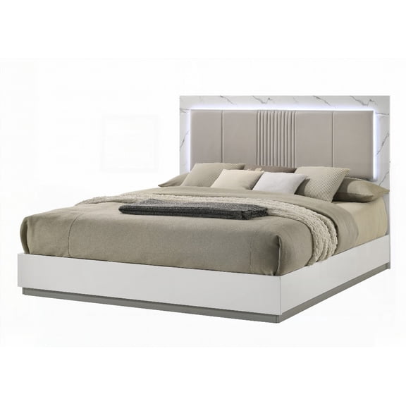 Mist Queen Bed Elegant Lacquer & Marble Design, LED Illuminated (CA Inventory)