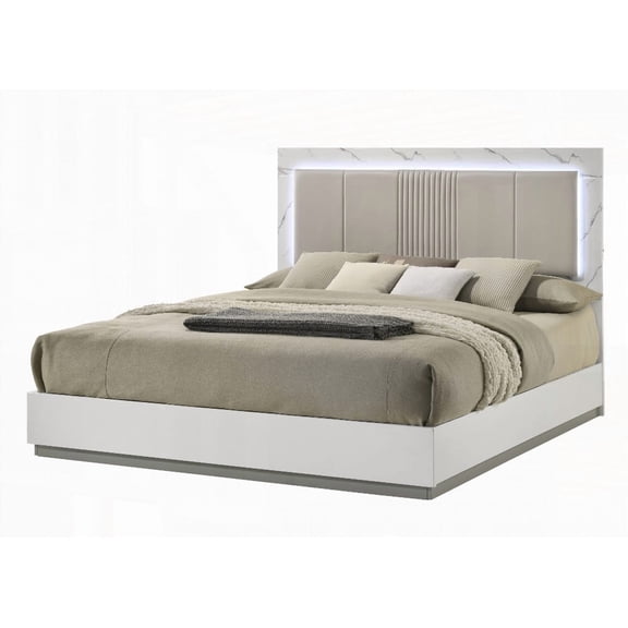 Queen Size High-Gloss Marble & Lacquer Finish Bedframe with LED Lighting, Gray, Master Bedroom