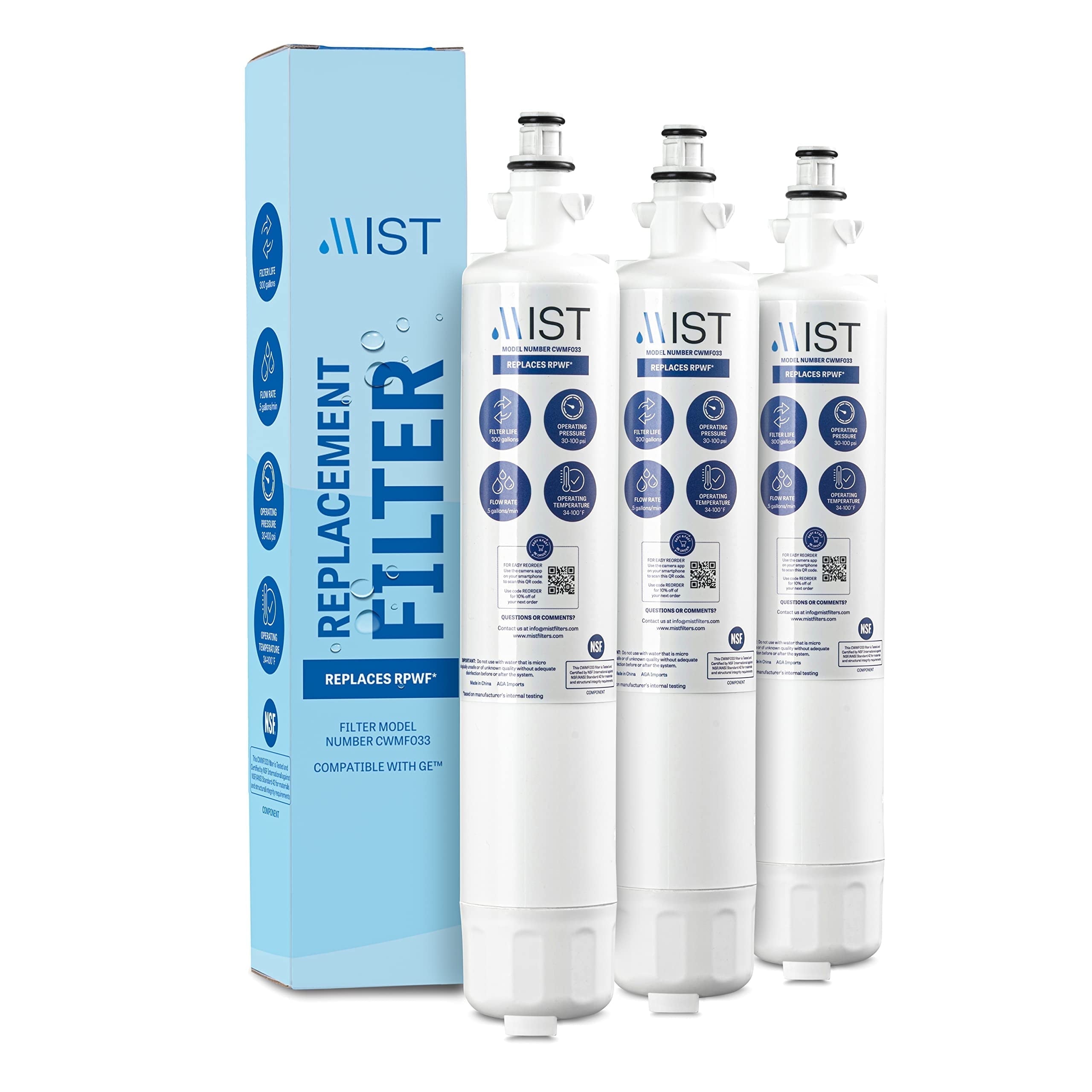 Mist RPWF Refrigerator Water Filter Replacement Cartridge for GE RPWF (Not RPWFE), Compatible with RWF1063, RWF3600A, WSG-4, DWF-36, R-3600, MPF15350, OPFG3-RF300, BCF77, 3-pack