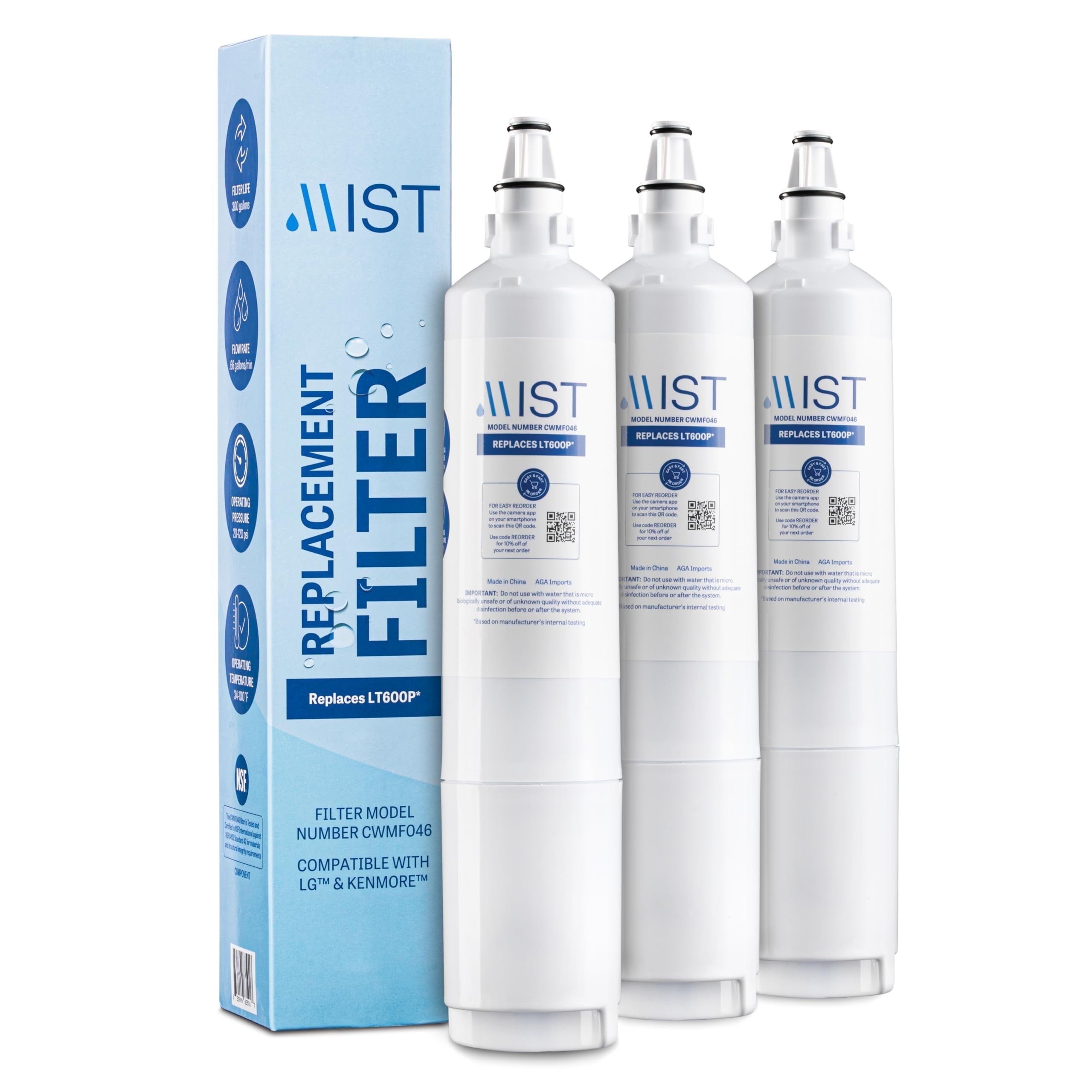 Mist LT600P Refrigerator Water Filter Replacement for LG, Compatible with 5231JA2006A, 5231JA2006B, Kenmore 469990, 5231JA2006E, 5231JA2006F, 46-9990, 3-Pack