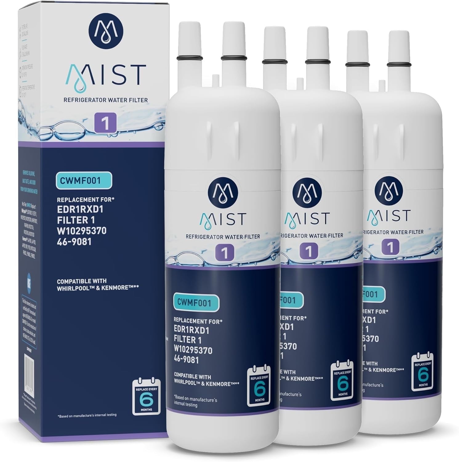 Mist Refrigerator Water Filter Replacement for Whirlpool EDR1RXD1, W10295370A, Everydrop Fridge Filter 1 and Kenmore 46-9081, 3pk
