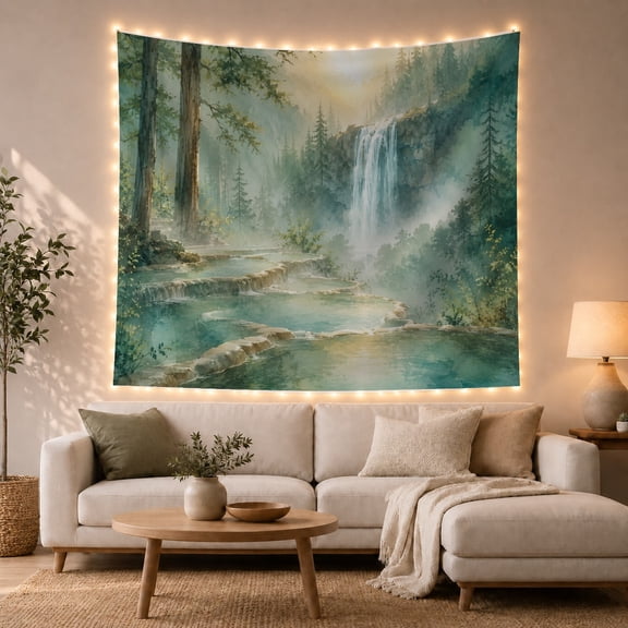 Mist Shrouded Forest with Cascading Waterfall Ground, Mystical Fantasy for Space Lovers, Wall Decor, Thanksgiving Hostess Gift, Tapestry Wall Hanging for Dorm and Living Room
