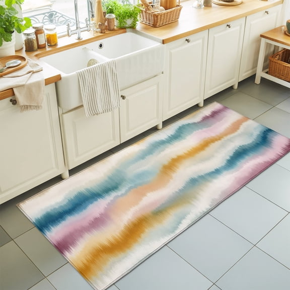 Mist Style Ikat 2'x6' Runner Rugs for Hallway Walkway Kitchen Galley, Romantic Blend Pink Tan Green White Ombre Stripe Soft Sturdy Washable Mats Non Slip Long Corridor Area Rug