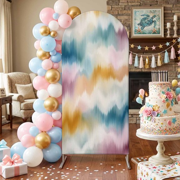 Mist Style Ikat Arch Backdrop Covers 4 FT, Romantic Blend Pink Tan Green White Ombre Stripe Stretchy Fitted Arched Stand Covers Party Arch Stand Cover Photo Booth for Wedding Birthday Decor