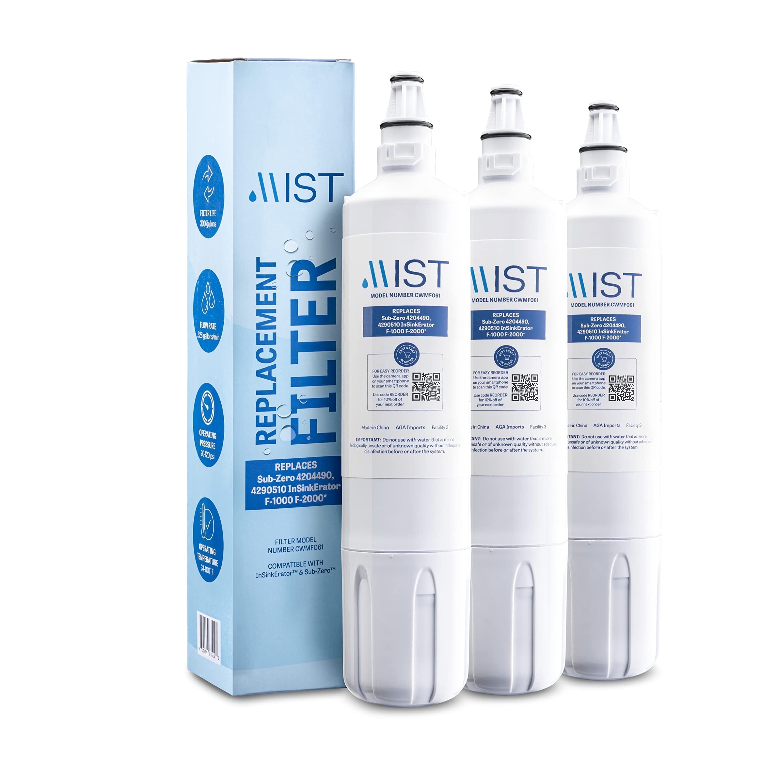 Mist 4204490 Refrigerator Water Filter Replacement Cartridge for Sub-Zero 4204490, Compatible with 4290510, InSinkErator F-1000 F-2000. Sub-Zero Water Filter, 3-Pack