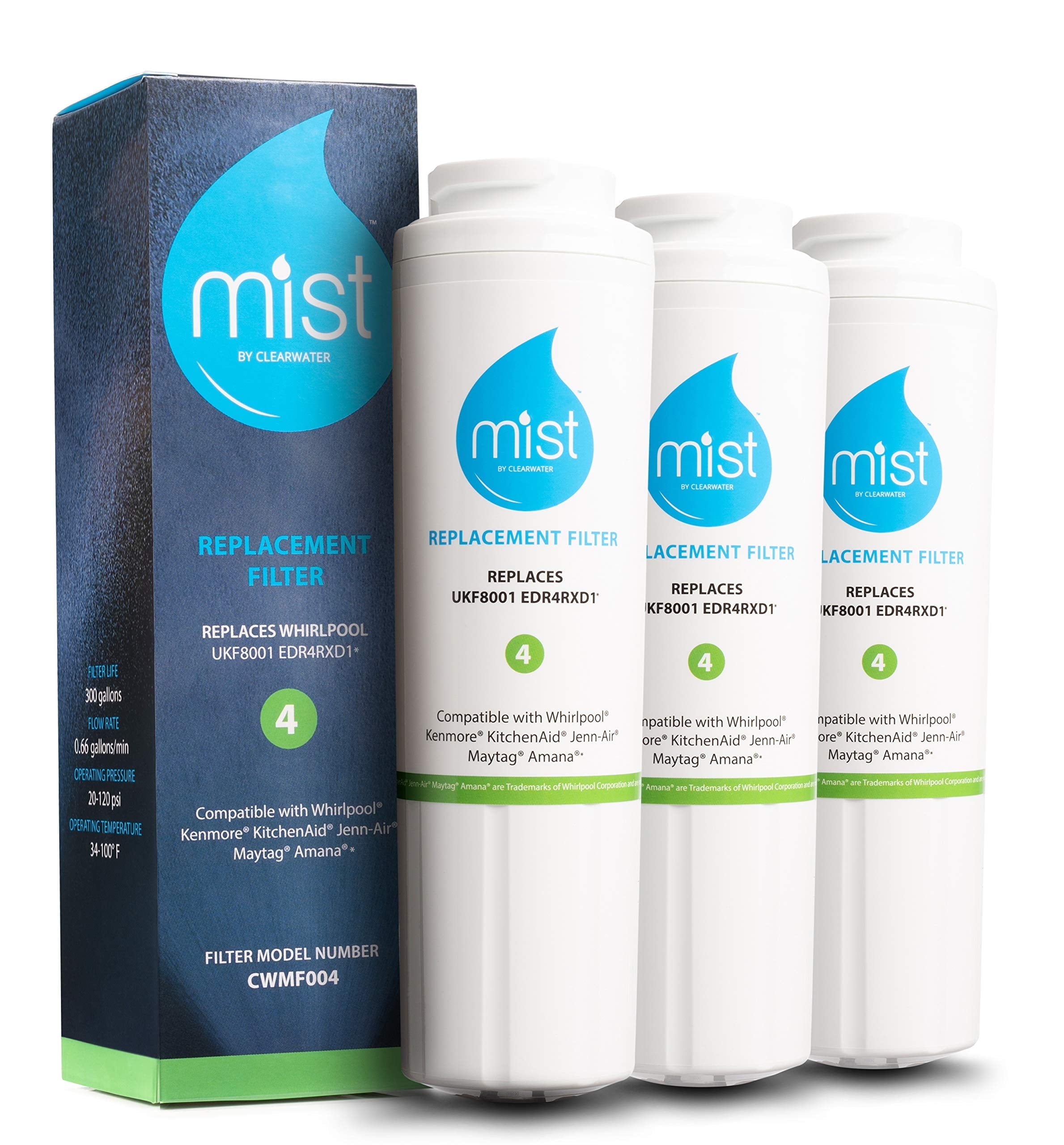 Mist UKF8001 Refrigerator Water Filter Replacement for Maytag, Whirlpool Filter 4 Everydrop EDR4RXD1, 4396395, Kenmore 46-9005, RWF0900A Refrigerator Water Filter, 3-Pack
