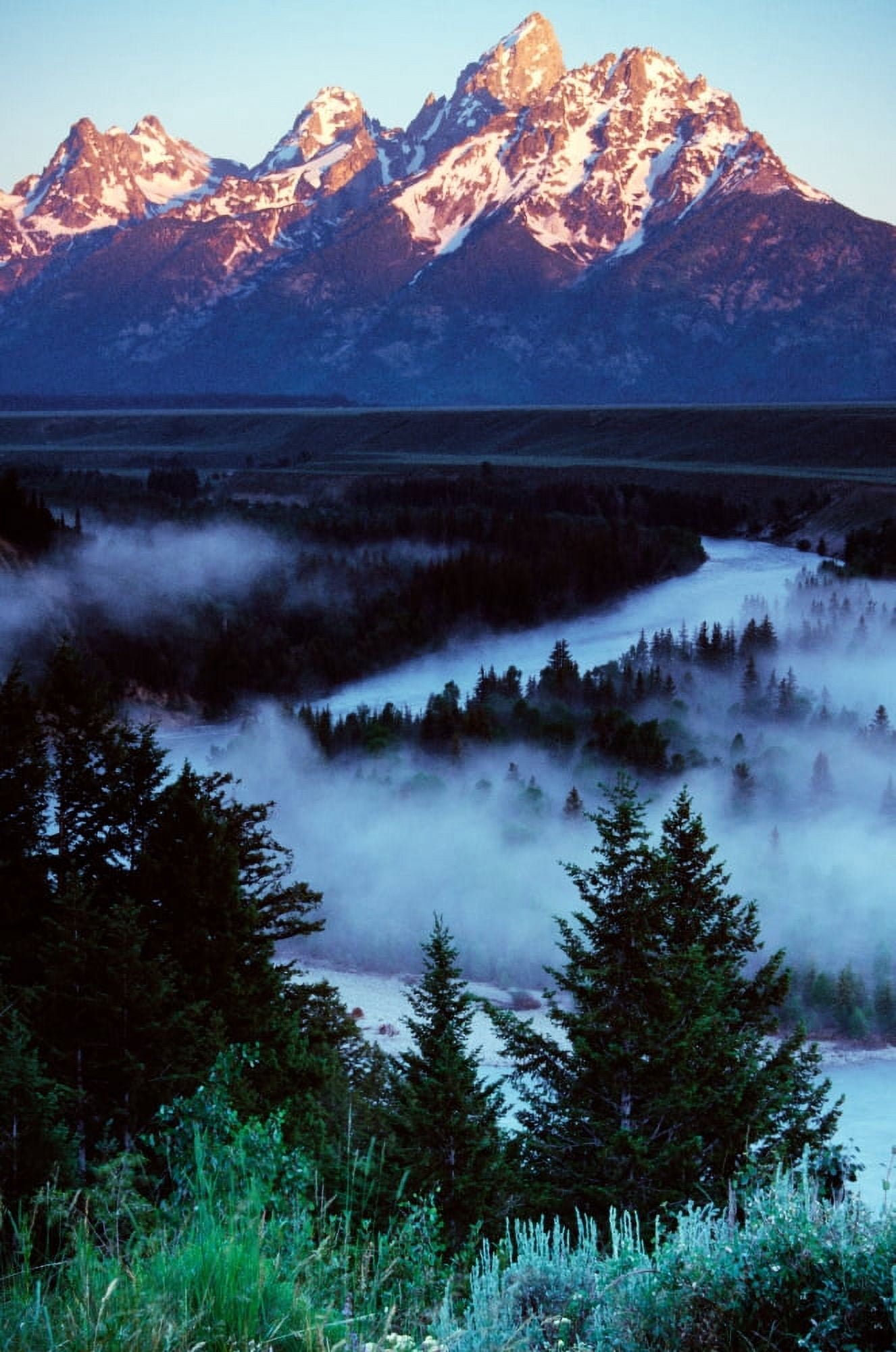 Mist over Snake River sunrise light Grand Teton National Park Wyoming USA Canvas Art - Panoramic Images (9 x 27)
