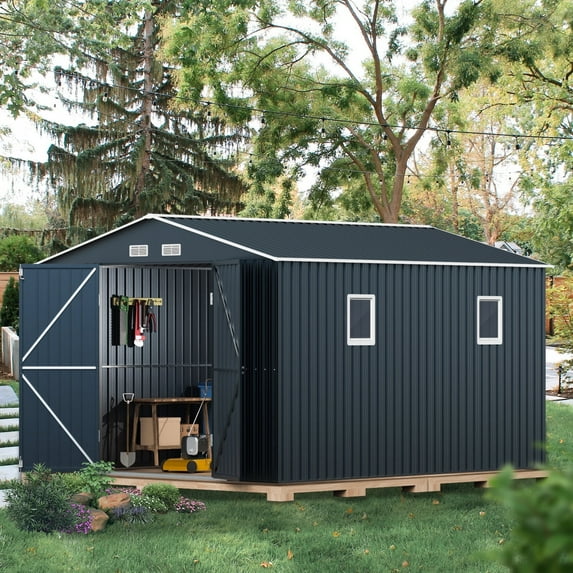 MistMo 10x12 ft Steel Shed, 7.5ft Tall, Double Doors, 2 Windows, 4 Vents - Garden & Patio Storage