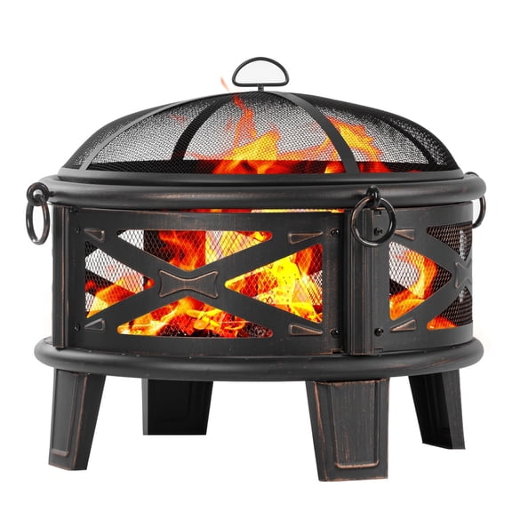 MistMo 26" Round Wood Burning Fire Pit with Cooking Grill, Steel Outdoor Firepit Antique Bronze