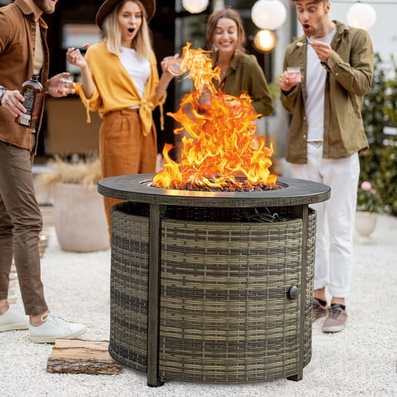 MistMo 32 Inch Round Propane Fire Pit Table with Lid, 50,000 BTU Outdoor Wicker Gas Fire Pit with Lava Rocks, Perfect for Patio, Yard, Dining, and Party