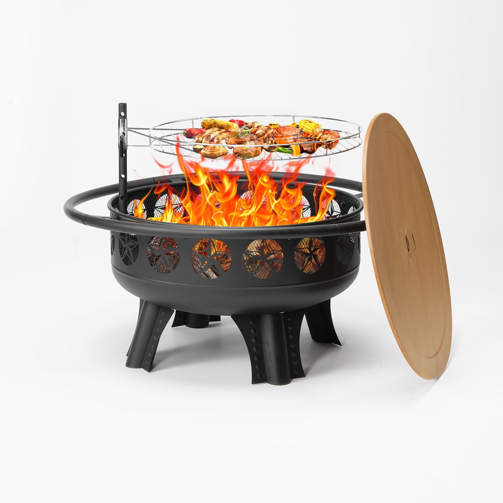 32" Black Steel Wood Burning Fire Pit Table with Grill & Lid