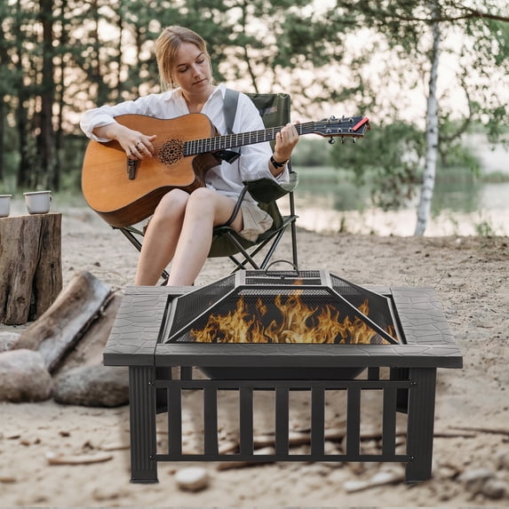 MistMo 36 inch Square Metal Wood Burning Fire Pit Table for Outdoor