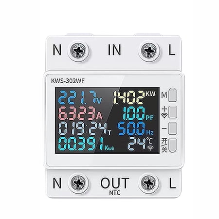 Mistaha Tuya WiFi 8in1 Power Meter Color Screen 2P Multi-function AC Energy Meter Mobilephone Remotely APP Control 170-270V/63A Voltage and Current Meter Standard Rail Mounting