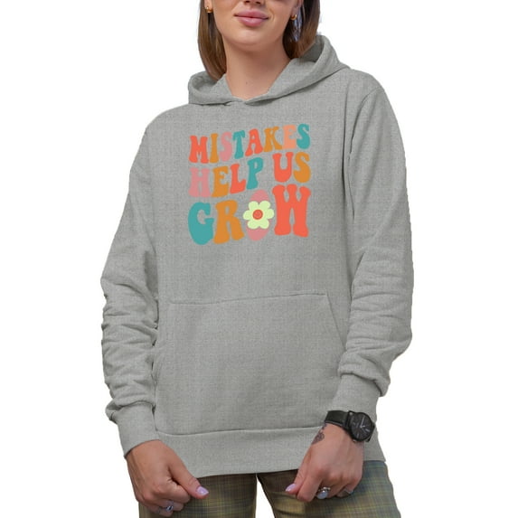 Mistakes Help Us Grow, Groovy Retro Wavy Text Merch Gift, Heather Grey Hooded Sweatshirt or Hoodie, Large