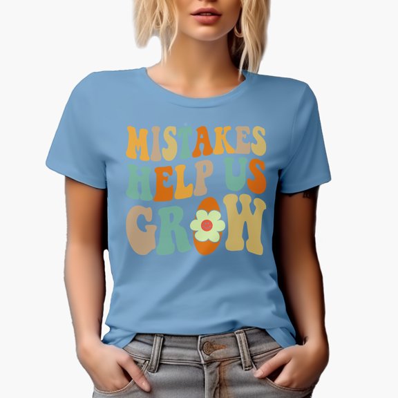 Mistakes Help Us Grow Quote, Groovy Retro Wavy Text Merch Gift, Baby Blue T-Shirt, Large