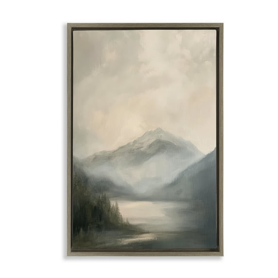 Stupell Industries Misted Mountain Lake Scene Brown Framed Floater Canvas Wall Art, design by Petal Prints Design