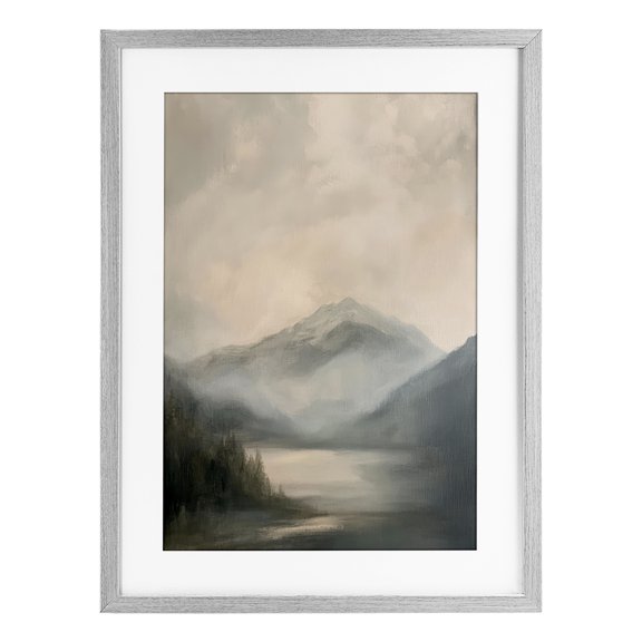 Stupell Industries Misted Mountain Lake Scene Gray Framed Print Under Glass, design by Petal Prints Design