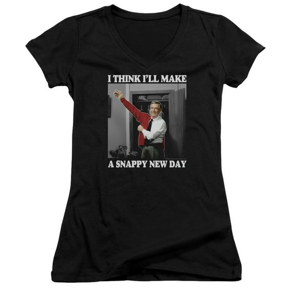 Mister Rogers A Snappy New Day Junior Women's V-Neck T-Shirt Black