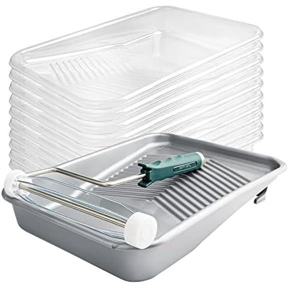 Mister Rui 12 Pack 9 Inch Disposable Paint Tray with Liner and 5 Wire Roller Frame, Plastic Washable and Reusable, Textured Deep Capacity Paint Tray