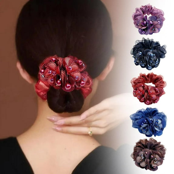 DLQT High-End Feeling - Dark Blue Middle-Aged Mother'S Hair Rope Flower Bun Head Temperament Hair Circle Net Celebrity High-End Hair Accessories Hair Rubber Band Female