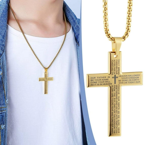 Misterolina Cross Necklace with Lords Prayer Bible Pendant For Men Stainless Steel Gift UK