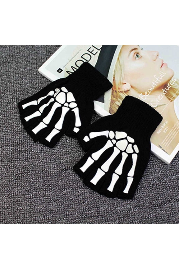 Gothic Knitted Black with White Skeleton Bones Fingerless Gloves Rock Punk