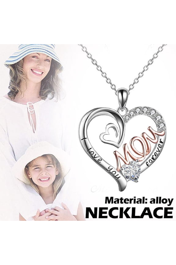 Silver Love Heart Mom Pendant Chain Necklace Cubic Day Mothers Gi Zircon NICE