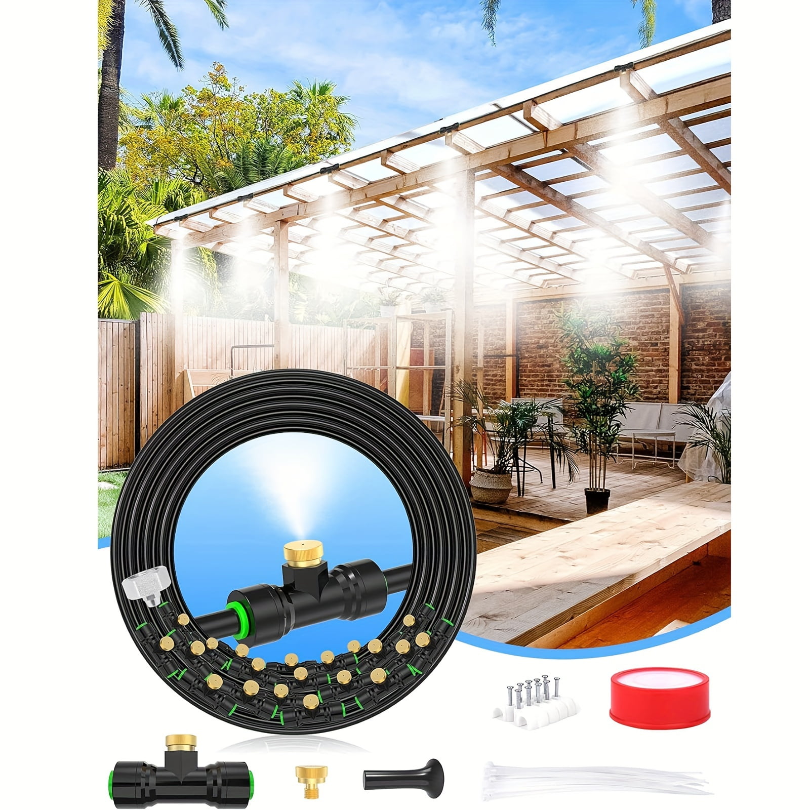 Misters for Outside Patio 27.5FT (8.4M) 8 Brass Mist Nozzles a Brass Adapter (3/4") Detachable