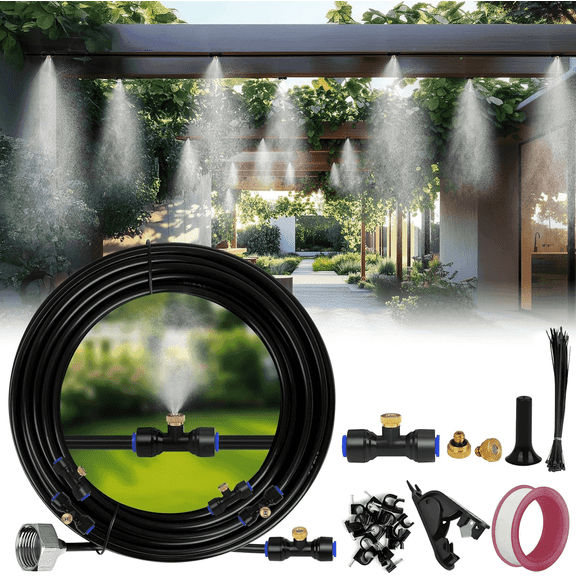 Mist Cooling System Outdoor, Mist System for Patio 50ft Mist Line + 15 Spray Nozzles + 3/4 inch Brass Bdapter, Outdoor Mist System for Patio Garden Trampoline Greenhouse
