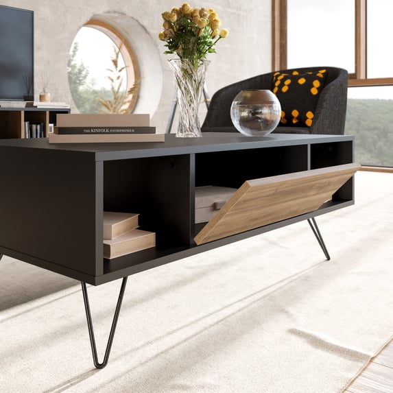 Mistico 47" Metal Wood Rectangle Coffee Table, Black & Walnut