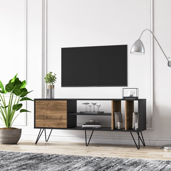 Mistico Modern Metal Wood TV Stand for TVs up to 63", Black & Walnut Veneer