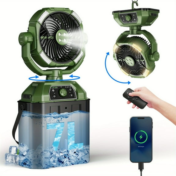Misting Fan With 1.85gal Bucket, 25000mAh Rechargeable Camping Fan, Infinitely Variable Speed, 10-inch Outdoor Fans For Patios/ Camping, Floor Cooling Fan With Remote, 4 Spray