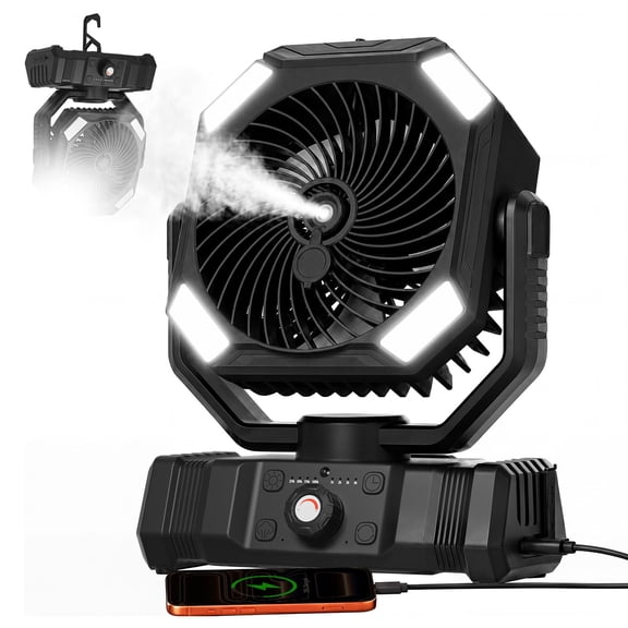 Misting Fan, 5-in-1 Portable Tent Fan, [16-65Hrs] 20000mAh Rechargeable Camping Fan, 2 Spray Modes, 300mL Tank, LED Light & Hook, Remote & Timer, Outdoor Fan for Patio, Beach,Black