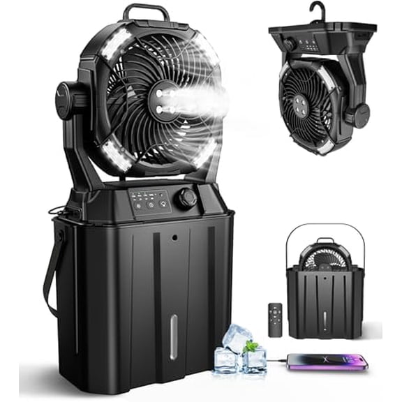 Misting Fan Portable for Outside, Camping Mister Cooling Fan for Outdoors Patios, Rechargeable Battery Operated Mist fans, 4 Spray Outlets, 3 Lights Modes, 4 Timer for Fishing/Golf/Garden/Party/Beach