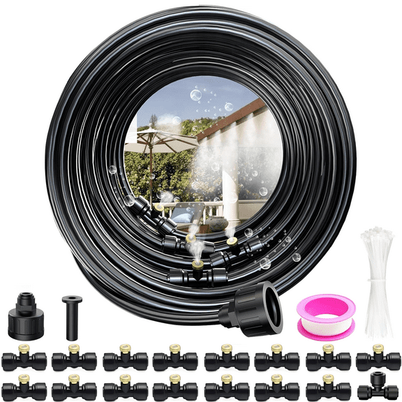 Misting System, 50FT Misting Cooling System for Outside Patio, 15 Brass Mist Nozzles Garden Watering System Plant Mister, Outdoor Mister System for Patio Garden Trampoline