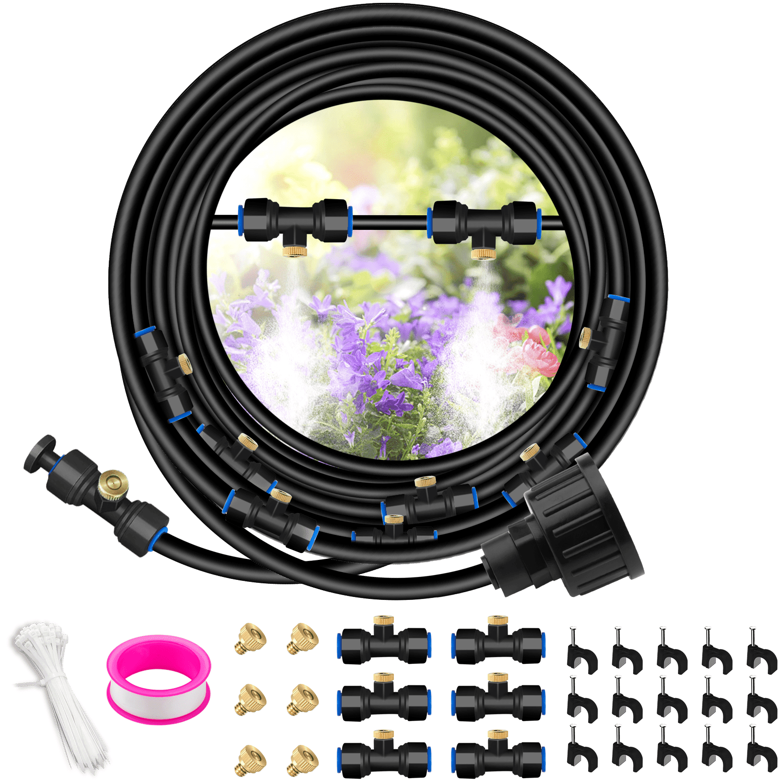 Misting System, Misting Cooling System, 98FT Misting Line, 30 Misting fittings, 30 Brass Mist Nozzles, 3/4" Faucet Adapters, Outdoor Mister System for Patio Garden Trampoline Greenhouse