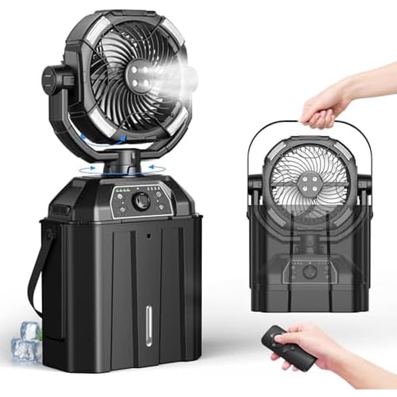 Misting fan with 7L bucket 90Oscillating ,4 Spray Mister 25000mAh Rechargeable Camping fan with Remote Control Stepless Speed and Timer for Patios/CampingWaterproof Design Outdoor Fans (Black)