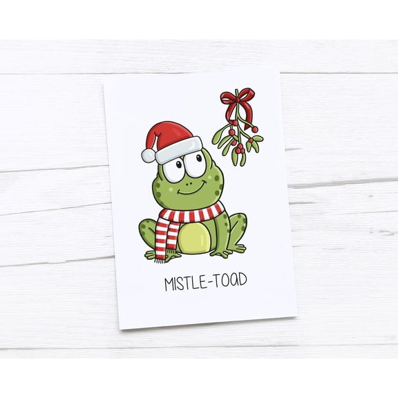 Mistle-Toad Christmas Card Cute Frog Design with Santa Hat and Mistletoe Blank Inside, Friendship Greeting Card for Holiday Wishes