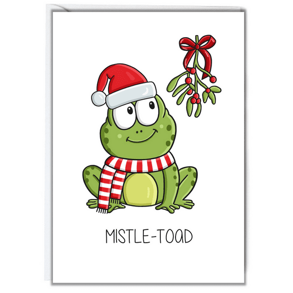 Mistle-Toad Christmas Card Funny Frog Design with Mistletoe Holiday Greeting Card, Blank Inside Perfect for Friends and Family during the Festive Season