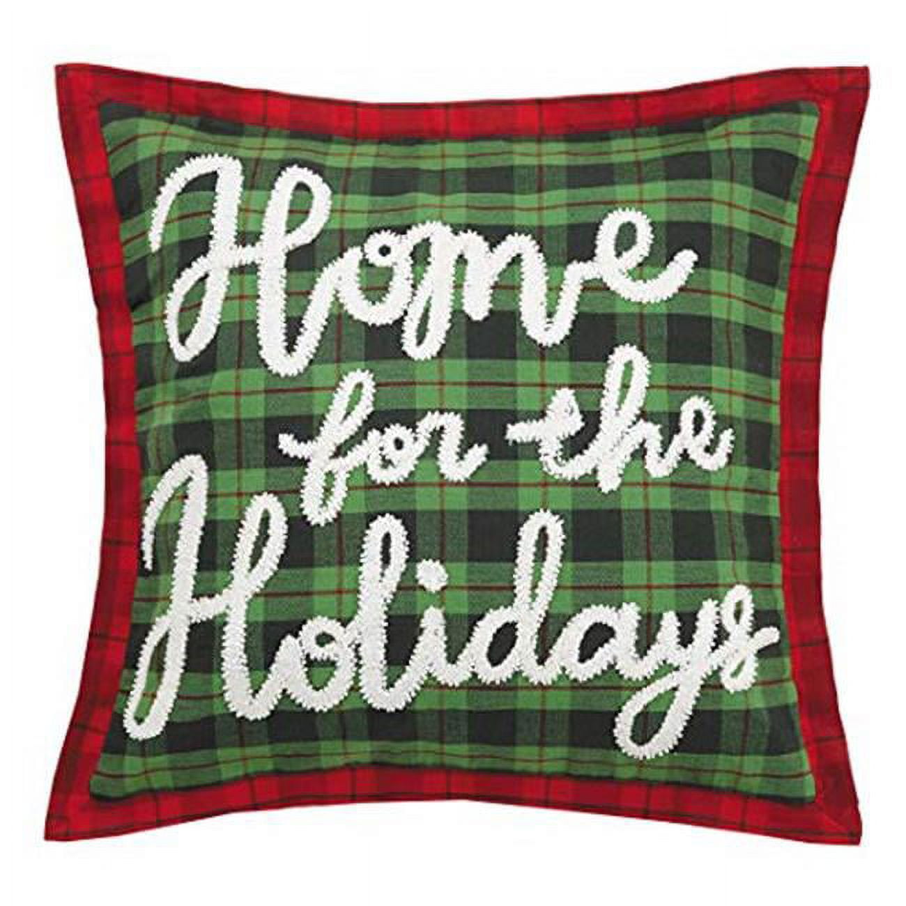 Holiday Plaid Embroidered Cotton Square Throw Pillow