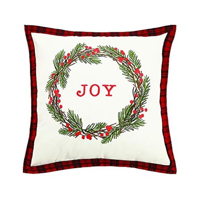 Joy Rustic Wreath Embroidered Cotton Holiday Pillow
