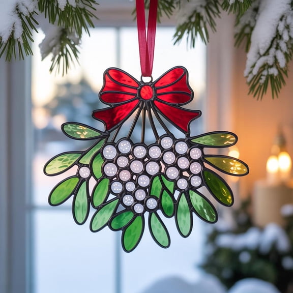 Mistletoe Acrylic Suncatcher With Red Bow, Christmas Window Hanging Decoration, Holiday Stained Glass Style Ornament, Winter Sun Catcher